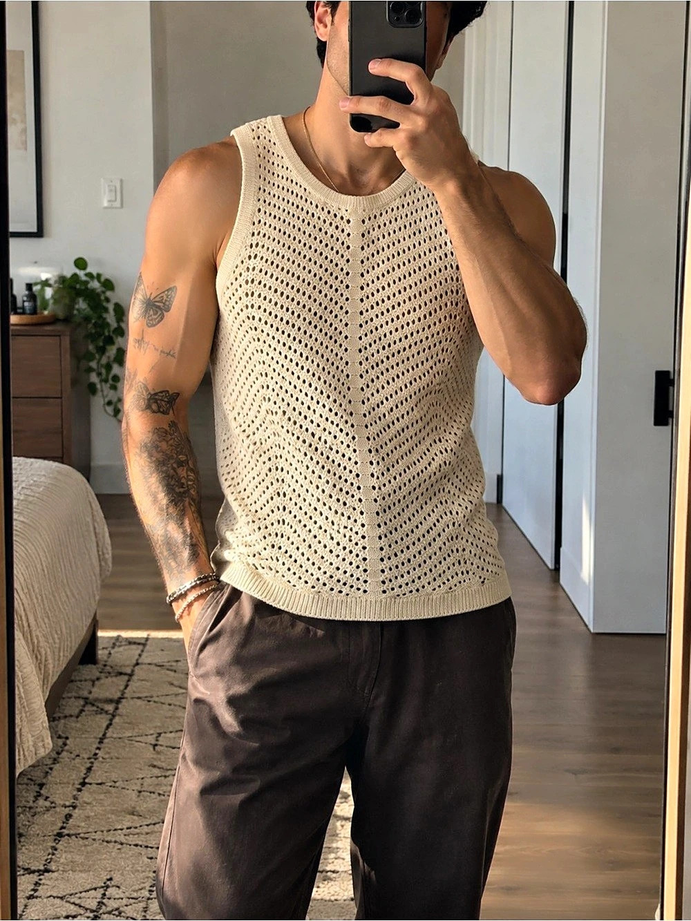 Manfinity Crochet Knit Tank Top in Cream